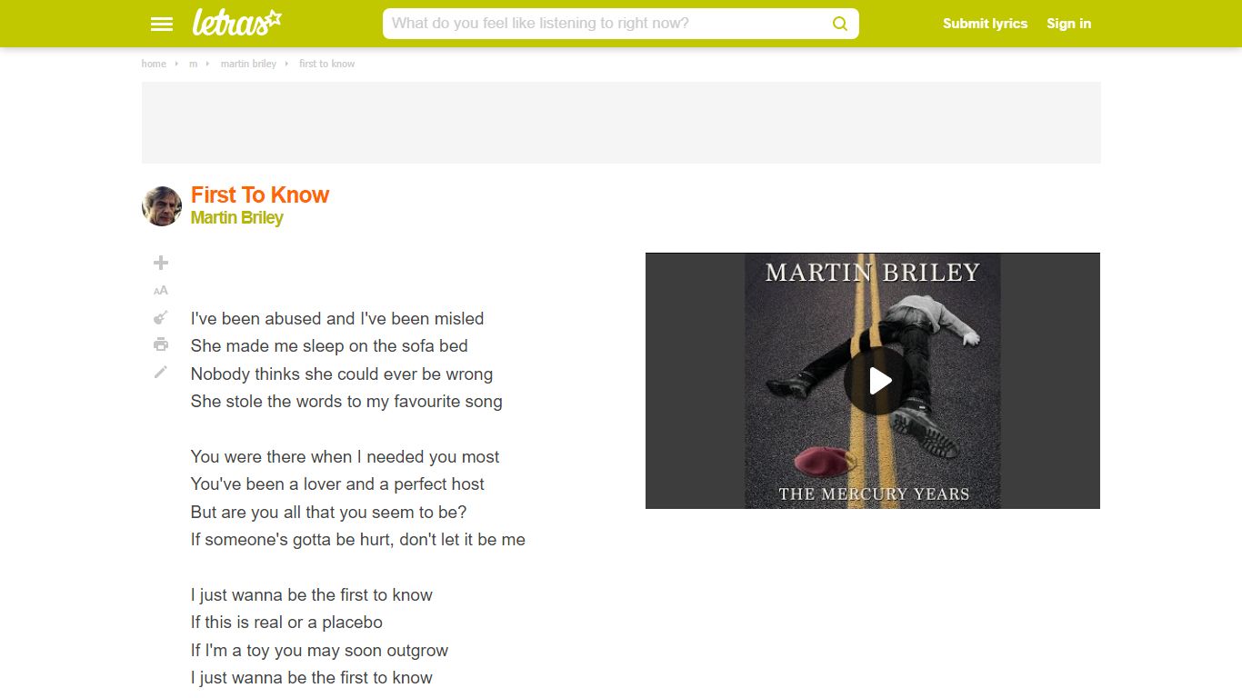 FIRST TO KNOW - Martin Briley - LETRAS.COM